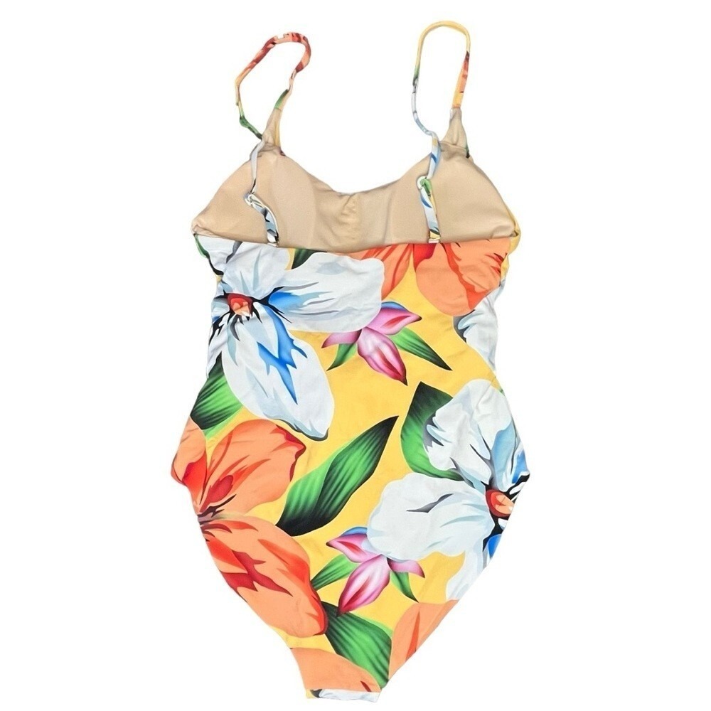 Palms Away Floral‎ One Piece Swimsuit Womens XS Yellow Tropical Tie Front NEW - Picture 5 of 10